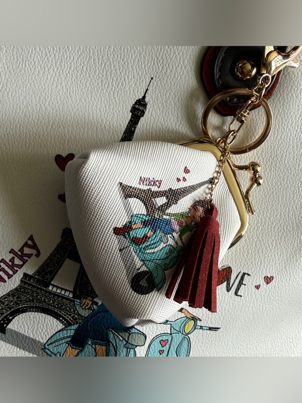 NIKKY by NICOLE LEE White Paris Illustration Satchel Bag NEW w/ Purse Charms - Picture 16 of 16